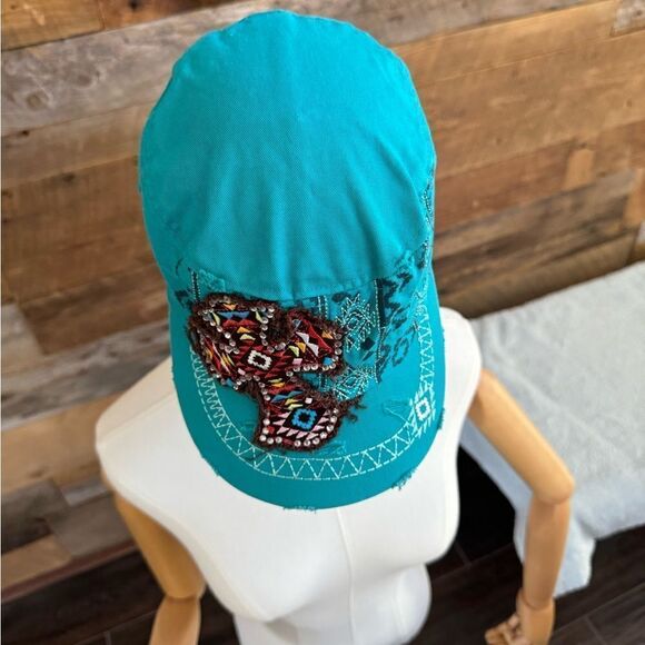 KBethos Women's teal Distressed southwest goth jewels hook & loop cross adj hat - Picture 5 of 6